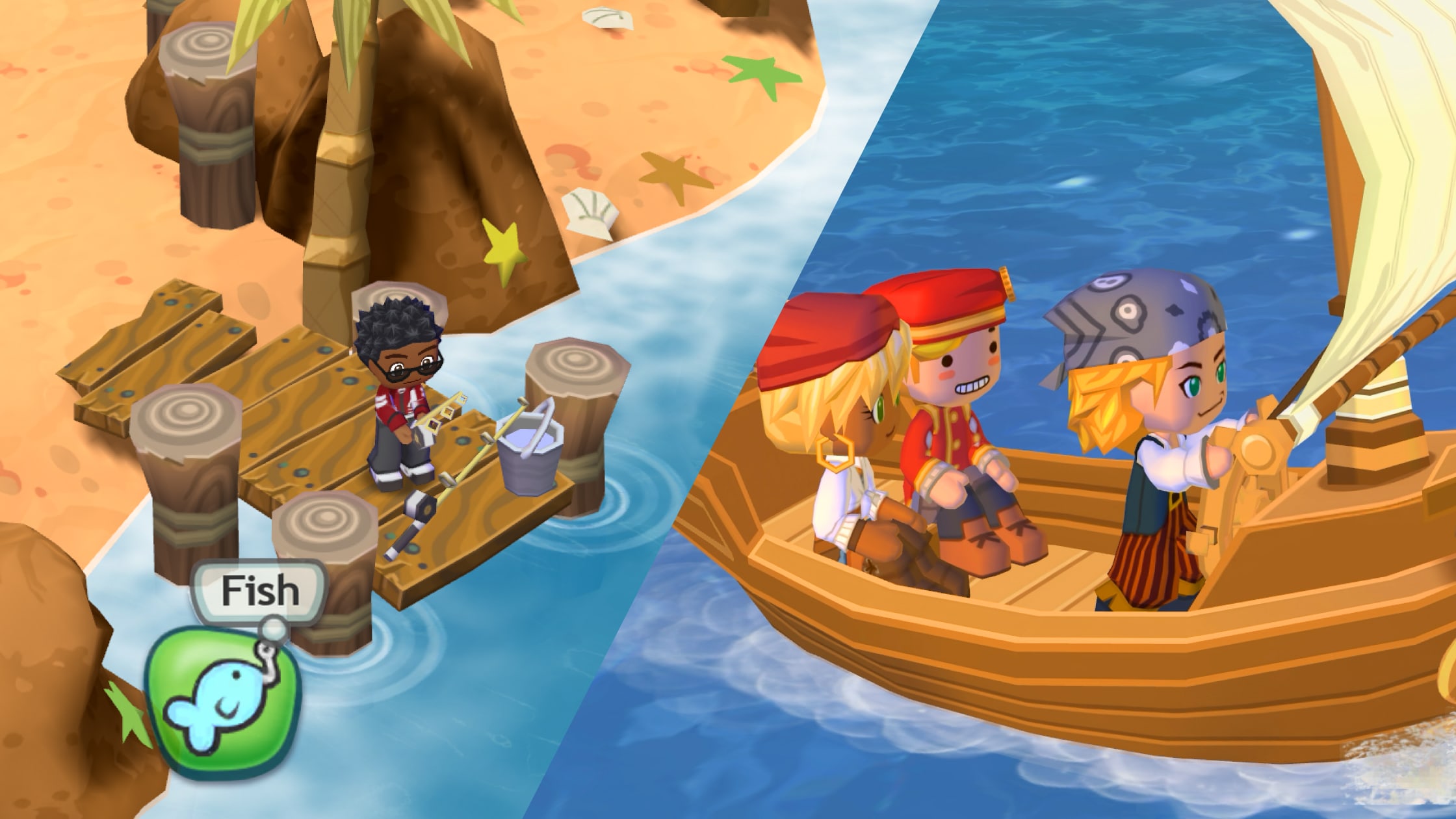 A split image. Left: A character fishes on a wooden dock with a rod. Right: Three characters in a sailboat on the ocean. 