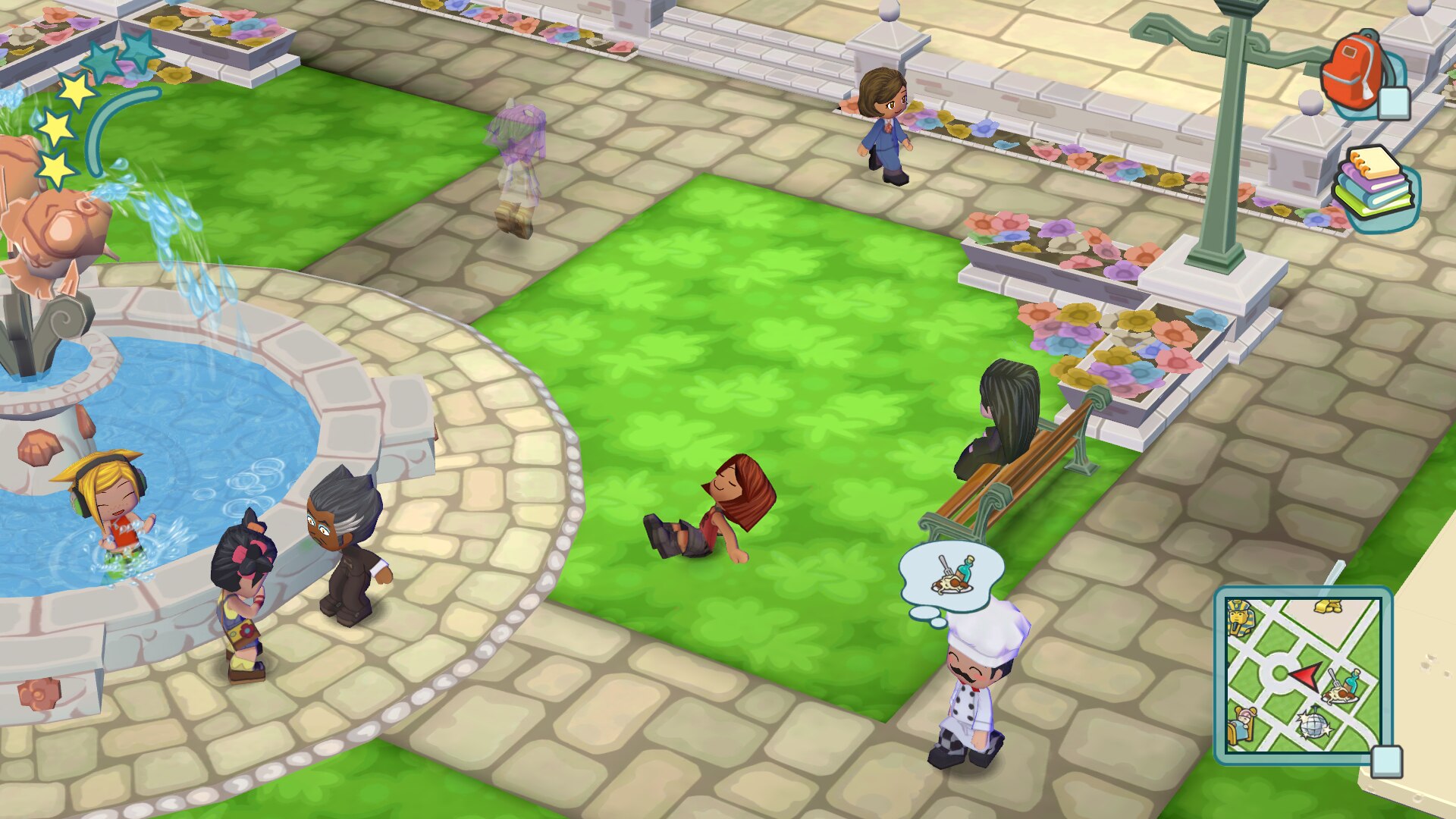 A colorful park with cartoon characters. Some stand by a fountain on a stone path with grass, benches, and flowers. A chef and a small map appear in the corners.