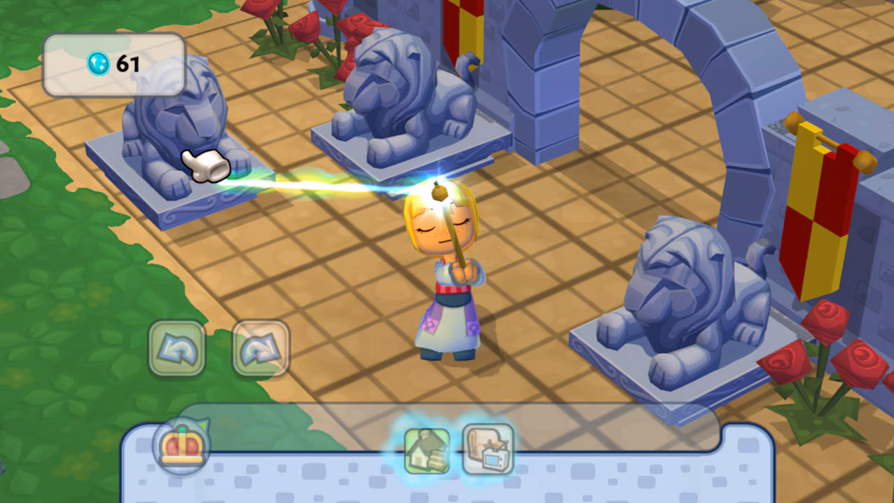 A MySims character in a dress holds a wand with a bright light coming out of it. 