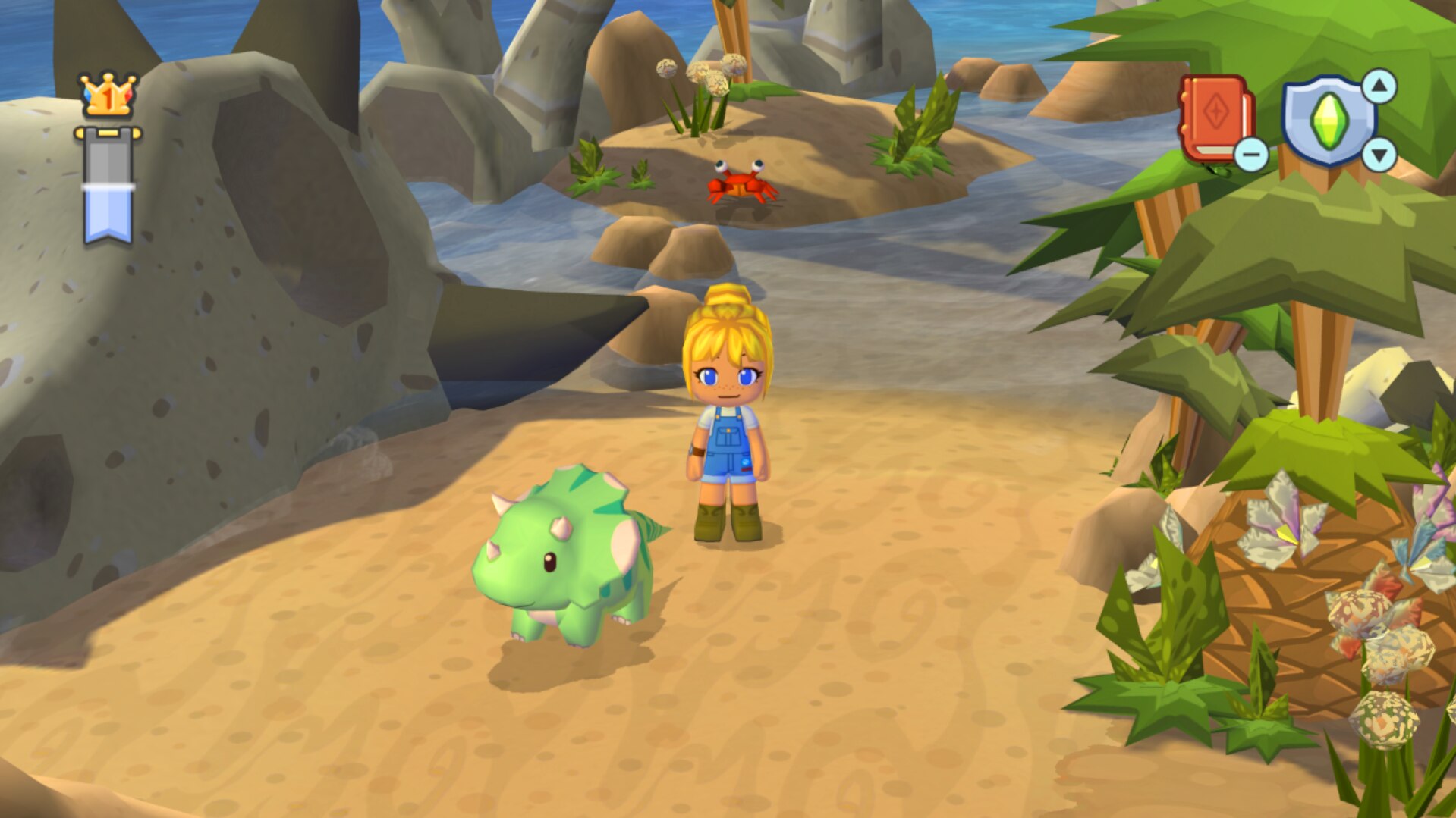 A MySims character walks on a tropical beach with a tiny dinosaur pet. 